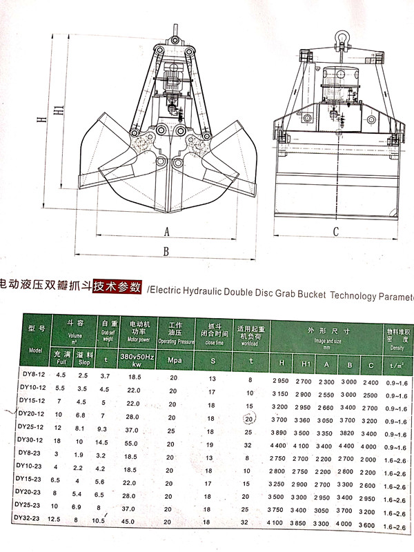 電動液壓雙瓣抓斗參數(shù)表_副本